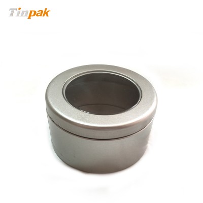 silver finish round tin soy candle jar with window